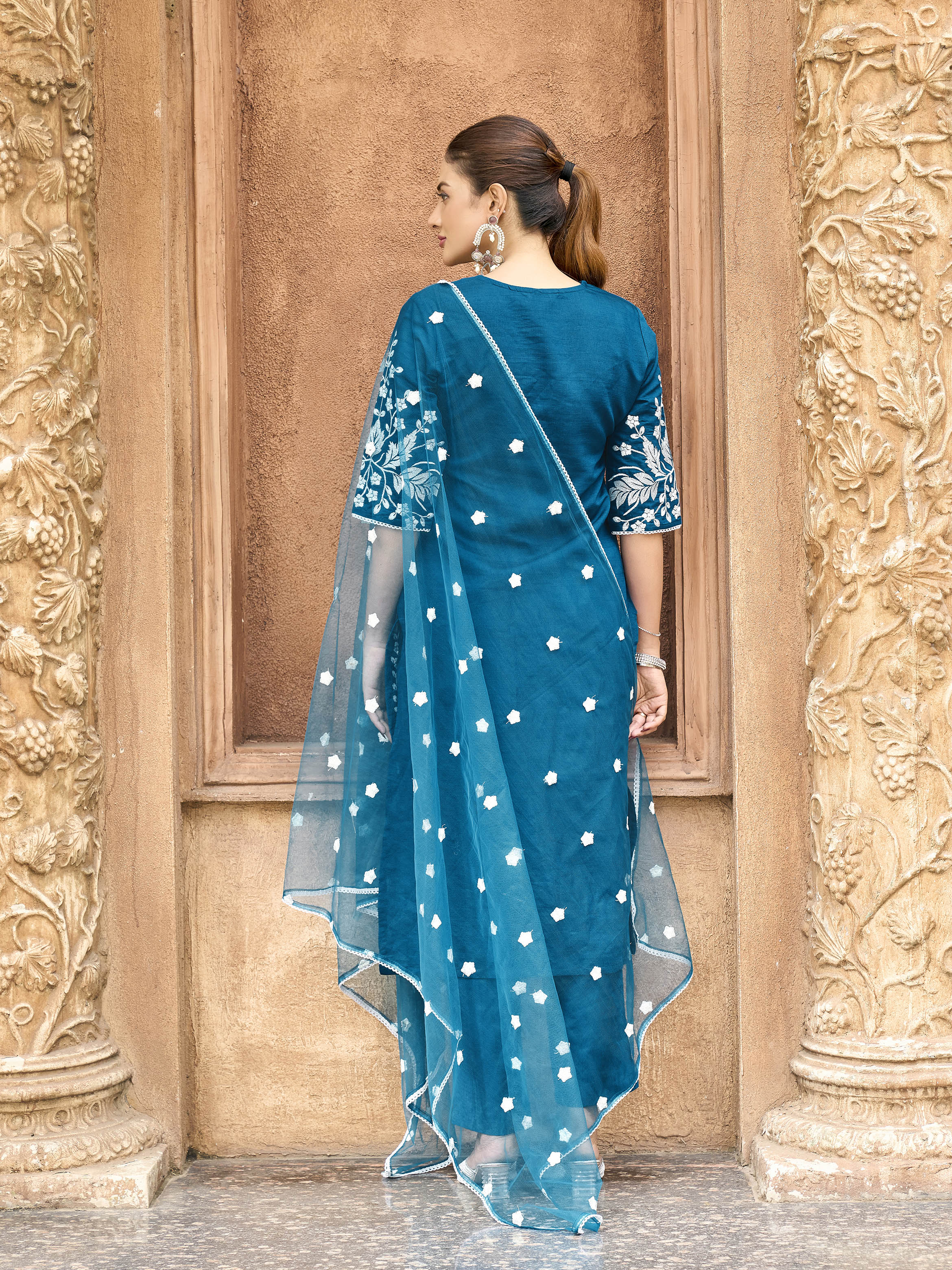 Teal color silk blend with off white thread embroidered kurta & trouser with dupatta set